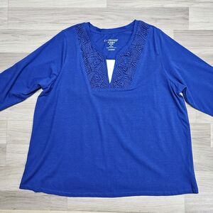 Catherine's Womens Cobalt Blue Crochet Detail Shirt 3/4 Sleeve Size 0X Petite